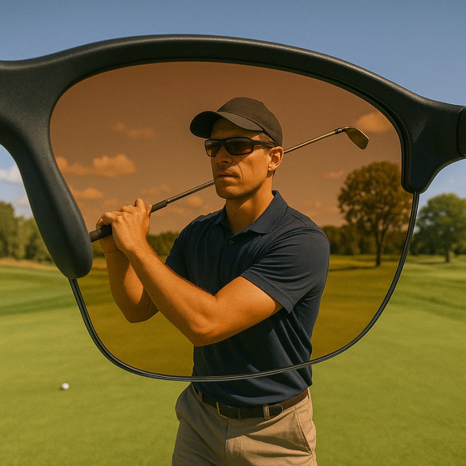 Blick durch Sportbrillenglas: Mann beim Golfen. 